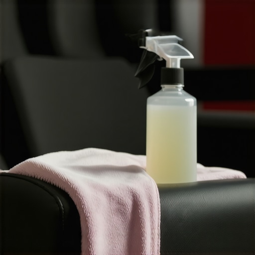 Home cinema cleaning supplies on a leather theater seat