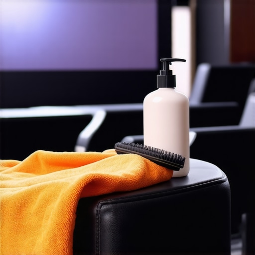 Close-up of cleaning supplies for home cinema screens and leather theater seating.