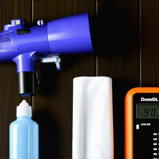 Close up of cleaning tools and calibration equipment for home cinema maintenance.