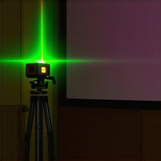 A green laser crosshair on a home theater screen used for aligning a projector lens.