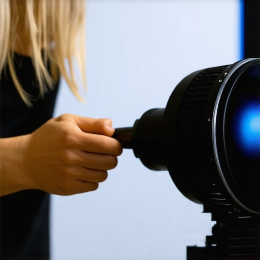 Professional Projector Lens Maintenance Person cleaning a projector lens with a specialized air blower tool
