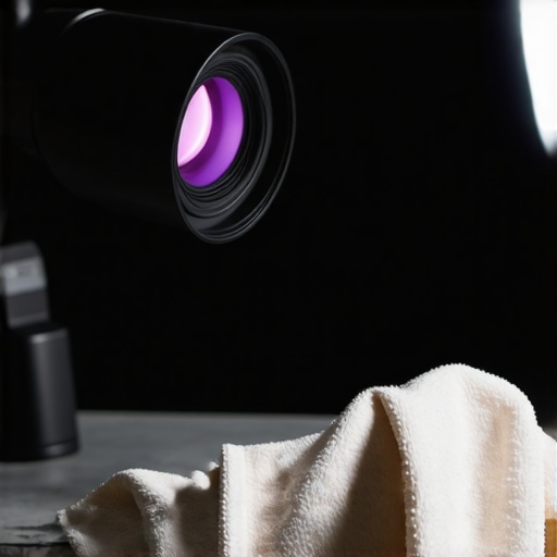 Close-up of cleaning a projector lens with a blower and cloth