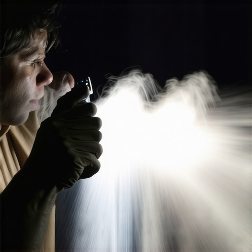 A person cleaning a high-end projector lens with a specialized air blower tool