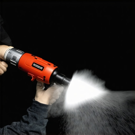 A person using an electric duster to remove dust from a home theater projector to prevent overheating.
