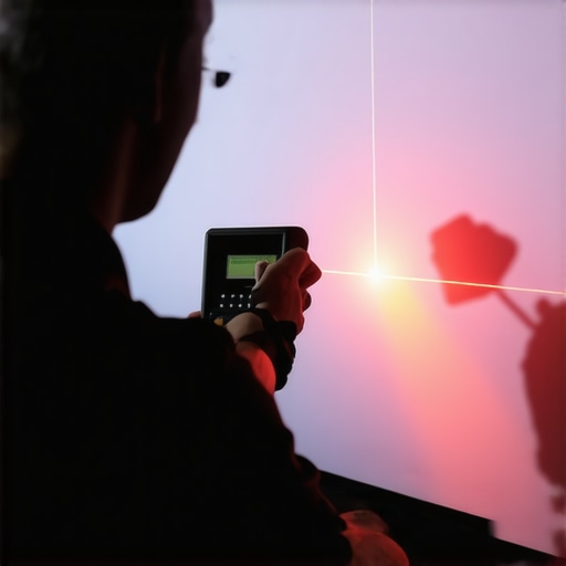 Technician calibrating projector image geometry in a home cinema