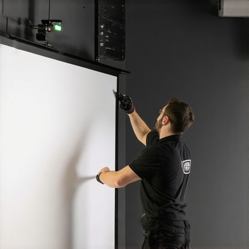 Professional Projector Screen Alignment Technician aligning a projector screen for perfect home theater geometry.