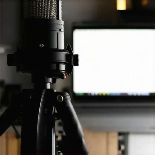 A UMIK-1 microphone on a tripod used for home theater audio calibration.