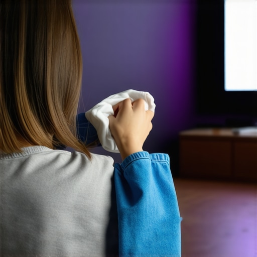 Professional Screen Cleaning Technique Close-up of cleaning a projection screen with a microfiber cloth in a home cinema.