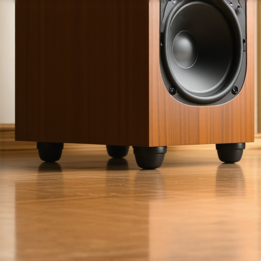 Professional Subwoofer Acoustic Decoupling A massive subwoofer decoupled from the floor using heavy-duty isolation feet