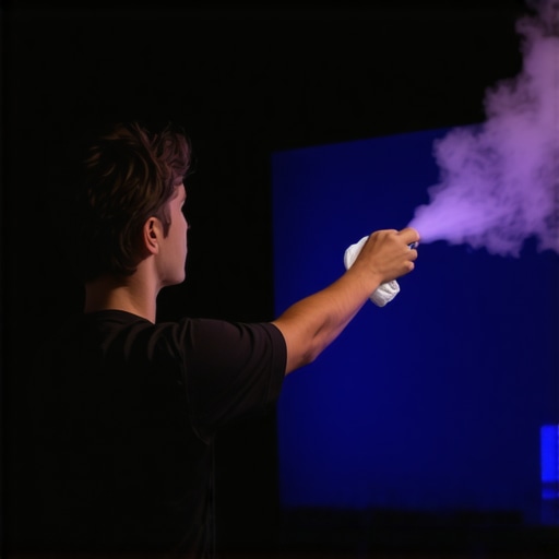 Cleaning a 4K projector lens with professional tools in a home theater