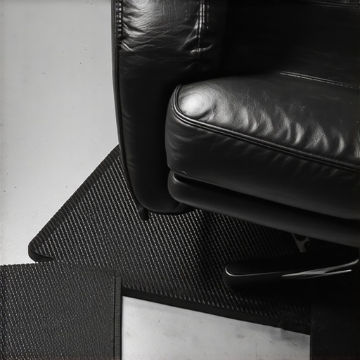 Close up of a rubber isolation pad under a theater chair leg on tile floor