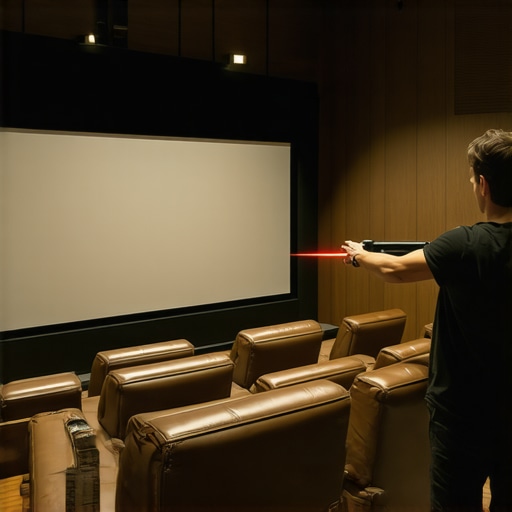 Technician measuring the ergonomic height of a home cinema screen for eye-level viewing