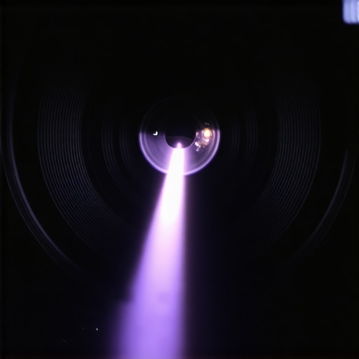 Projector Lens Inspection Post-Remodel Inspecting a projector lens for internal dust using a penlight after home construction.