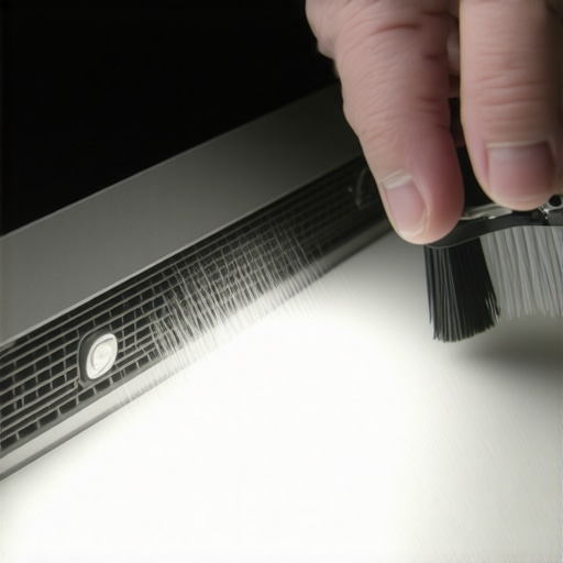 Close-up of cleaning dust from a projector air filter and vents.
