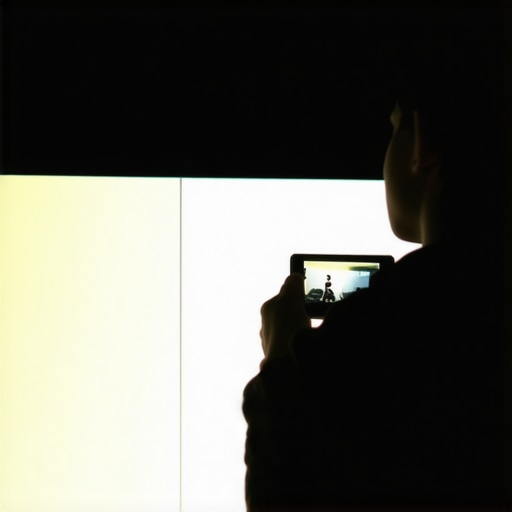 A side-by-side comparison of a yellowed projector screen versus a calibrated white screen with a calibration tool.