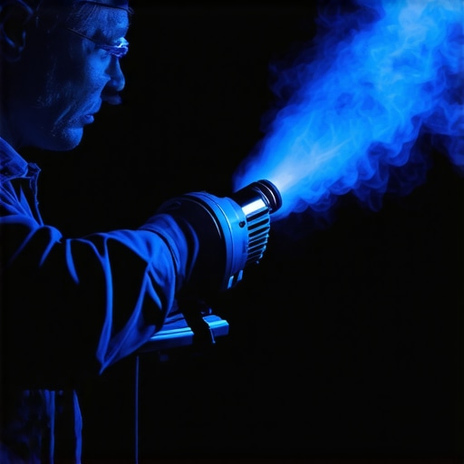 A person cleaning a home theater projector filter with an electric blower to prevent overheating.