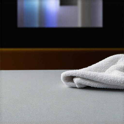 Cleaning a high-contrast gray projection screen with a microfiber cloth.