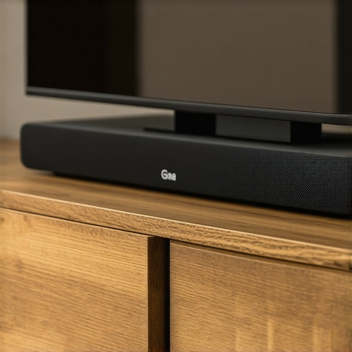 Proper Soundbar Edge Placement A soundbar placed correctly on the edge of a TV stand to improve audio clarity.