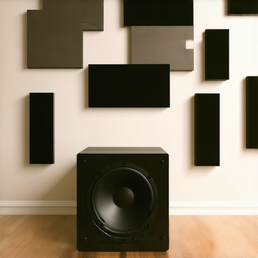 A home theater room showing the correct placement of a subwoofer away from the corner to avoid boomy bass.