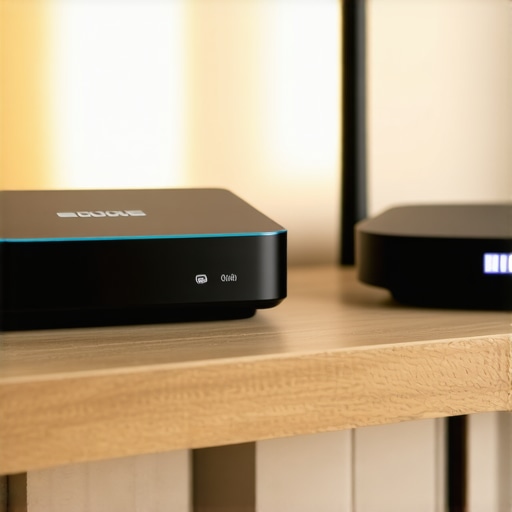 A wireless audio transmitter positioned away from a Wi-Fi router to prevent signal interference.