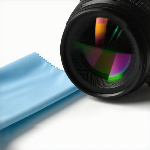 Close up of a projector lens showing the delicate anti-reflective coating that can be damaged by glass cleaners.