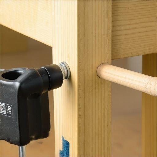 Close-up of a structural furniture repair using wood glue, dowels, and clamps for a home theater stand.