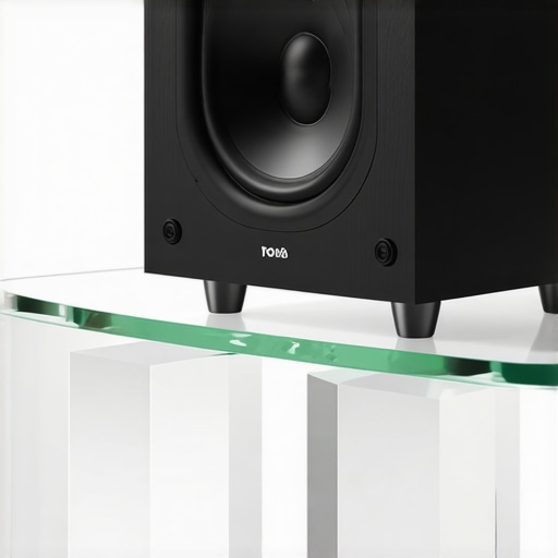 Close-up of a center channel speaker on a glass stand with acrylic support blocks