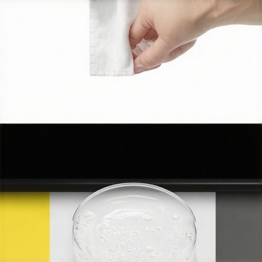 A person cleaning a yellowed projector screen to restore its original white color.