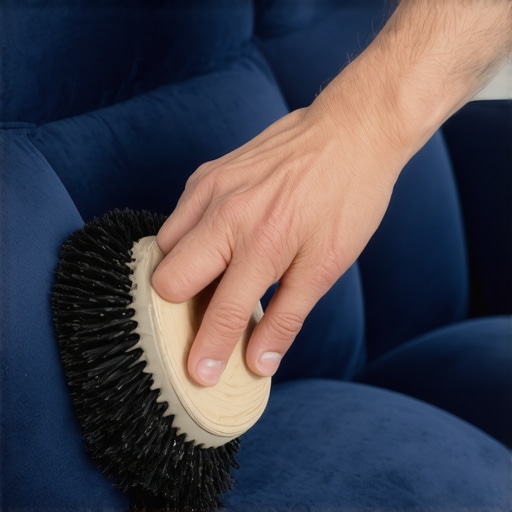 Restoring velvet nap with a suede brush Close-up of hand brushing velvet theater seat fibers
