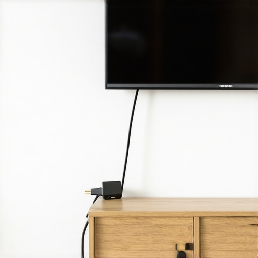 A right-angle HDMI adapter redirecting a cable behind a flat-screen TV to save space.