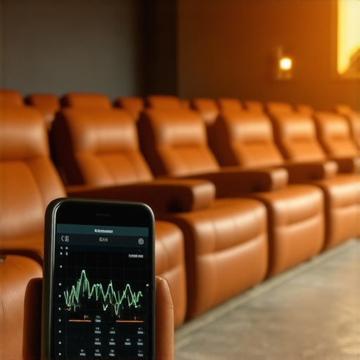A smartphone displaying an audio RTA app sitting on a luxury home theater recliner armrest.