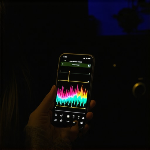 A real-time spectrum analyzer app on a smartphone used for home theater bass calibration.