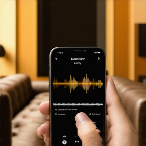 A person using a smartphone app to measure sound levels in a home cinema room.