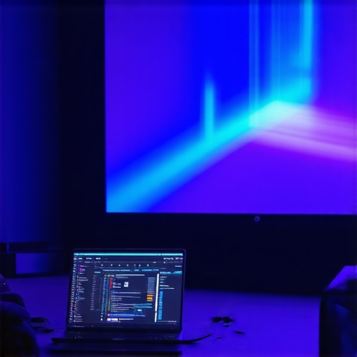 A home cinema screen with reactive ambient lighting controlled by a laptop app.
