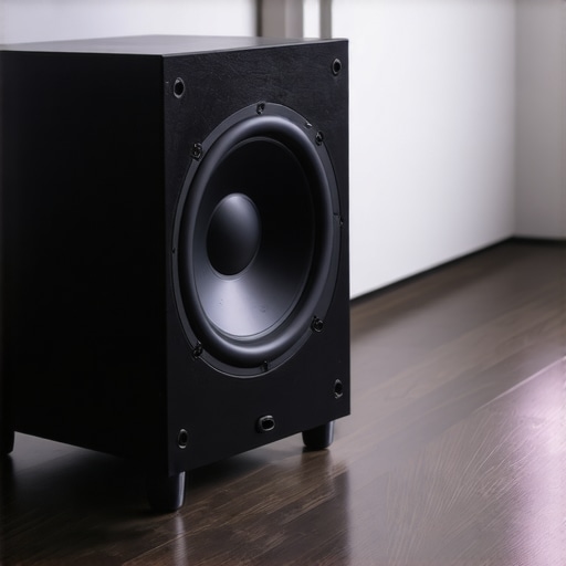 A close-up of a subwoofer with professional decoupling feet to prevent floor vibration.