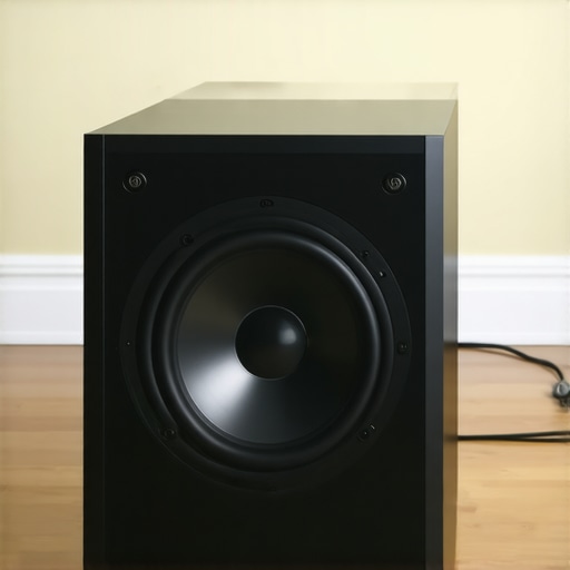 A subwoofer sitting on an isolation pad to prevent floor vibration.
