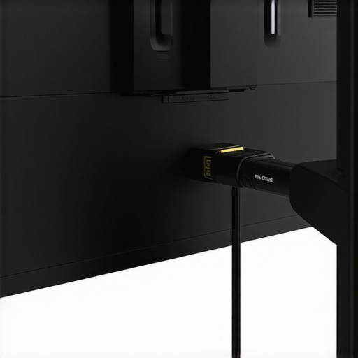 Close-up of a right-angle HDMI adapter and cable anchor on a flush wall-mounted TV