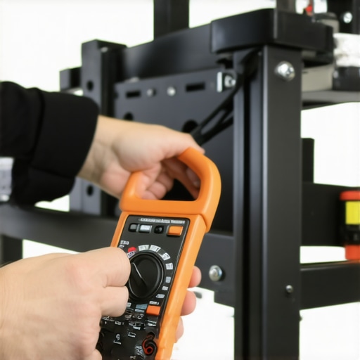 A person using a digital multimeter to check the voltage on a home theater recliner motor.