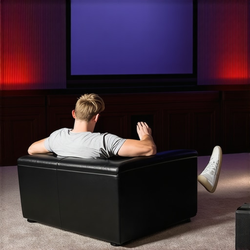 A home cinema enthusiast placing a subwoofer on a theater seat to perform the subwoofer crawl acoustic calibration.