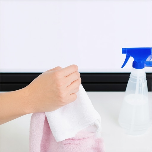 Cleaning mold off a projector screen using a microfiber cloth and distilled water solution