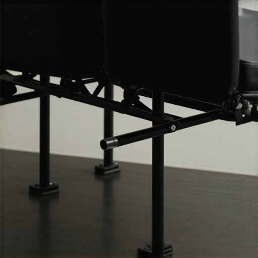 Close-up of metal brackets connecting theater chairs for stability.