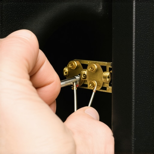 A socket wrench tightening a speaker binding post inside a speaker cabinet.