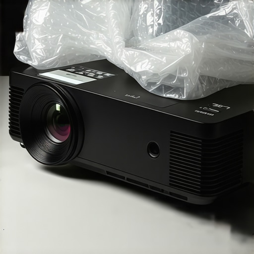 Triple-layer protection for a home theater projector. High-end projector being wrapped in anti-static plastic to prevent construction dust damage.