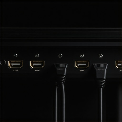Close-up of HDMI cables connected to a soundbar and television for home theater setup.