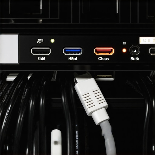 Troubleshooting Home Theater Cable Chaos and Hub Errors Cluttered home theater rack with tangled cables and an error light on a smart hub.