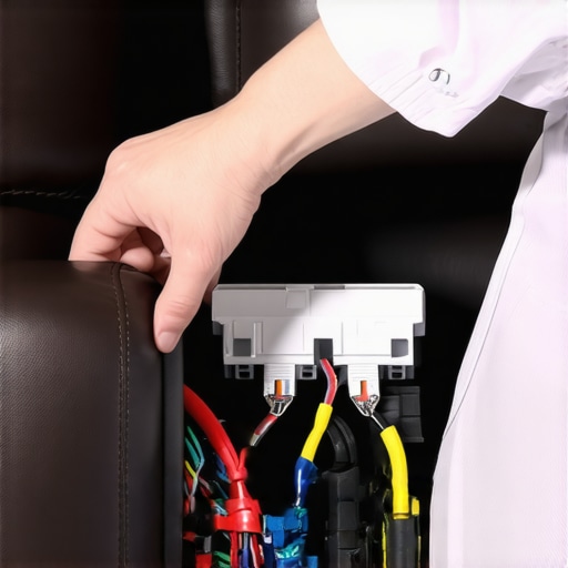 Troubleshooting Theater Chair Electronics A person checking the electrical wiring and plastic connectors under a theater recliner.