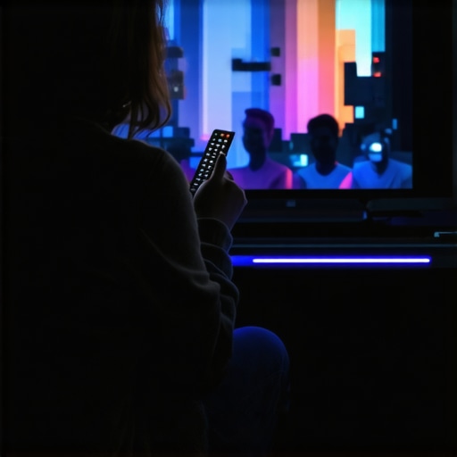 A person fixing a soundbar that turns on automatically in a dark room