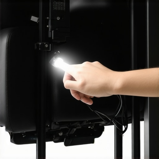 Close-up of theater chair motor and metal frame pivot points