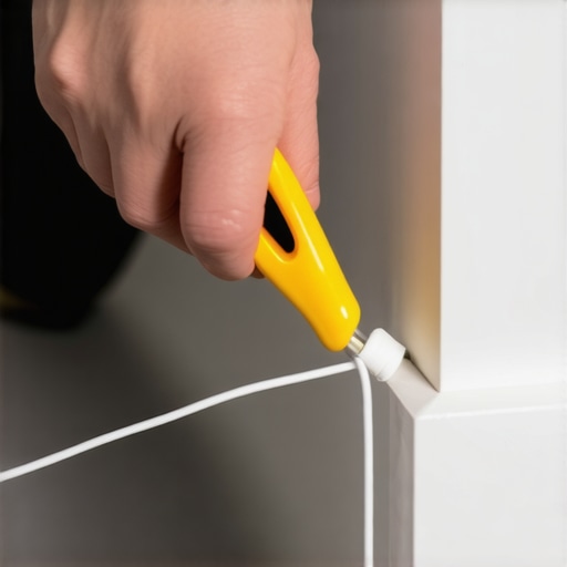 Step-by-step guide on hiding speaker wires under baseboards using a pry tool.