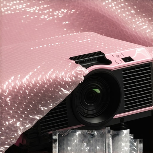 A person wrapping a projector in pink anti-static bubble wrap to prevent electrical damage during home renovations.
